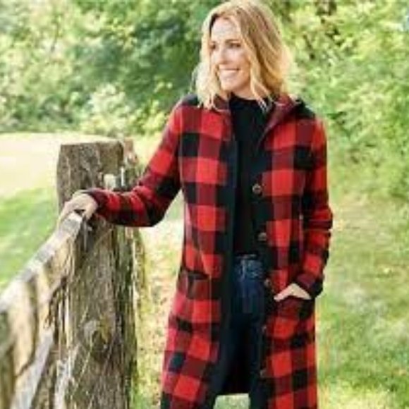 Denim&Co Sweaters - Denim & Co Cardigan Sweater Coat Knit Hooded Buffalo Red and Black Plaid 1X